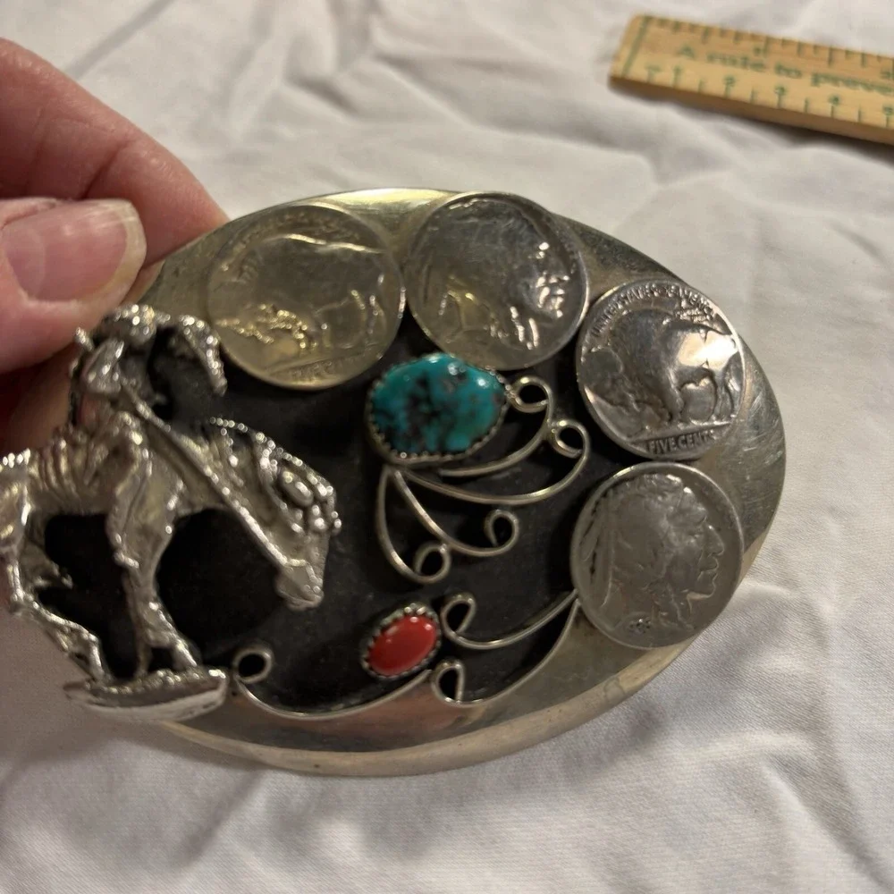Vintage Belt Buckle With Horse & Rider,Turquoise & Red Coral Silver Tone Buckles